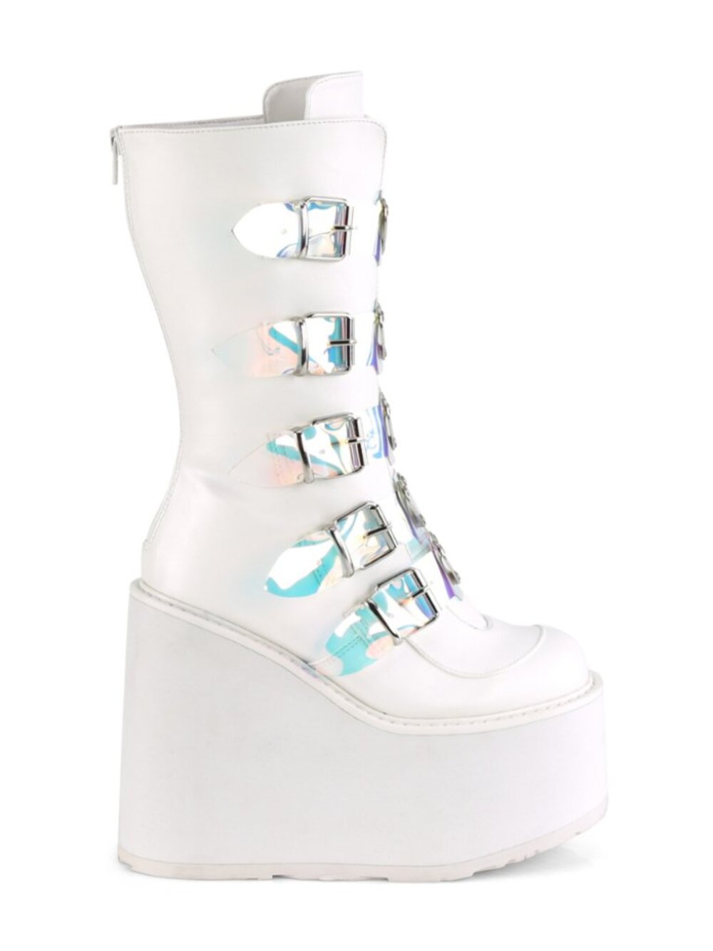 White Vegan Leather Mid-Calf Boots with Heart Metal Plate Buckle Straps